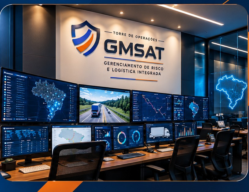Ambiente ilustrativo de torre de operações com telas de monitoramento logístico GMSAT