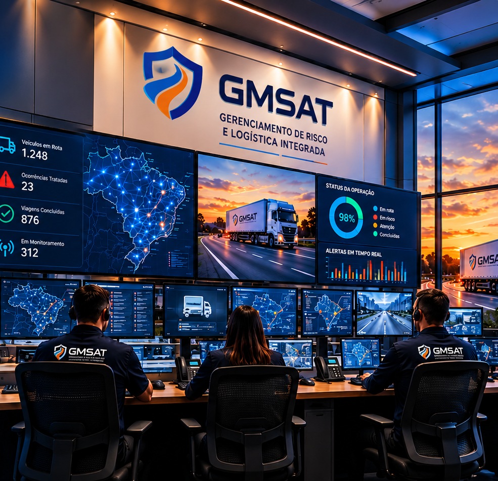Ambiente de torre de operações GMSAT com operadores, painéis de monitoramento e logística
